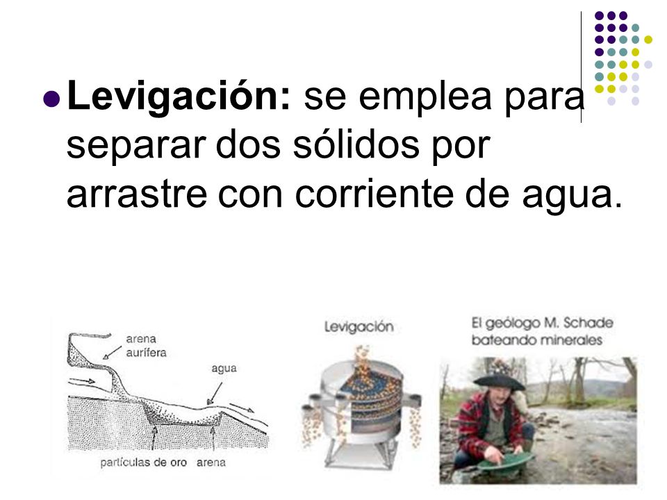 Levigación: se emplea para separar dos sólidos por arrastre con corriente de agua.