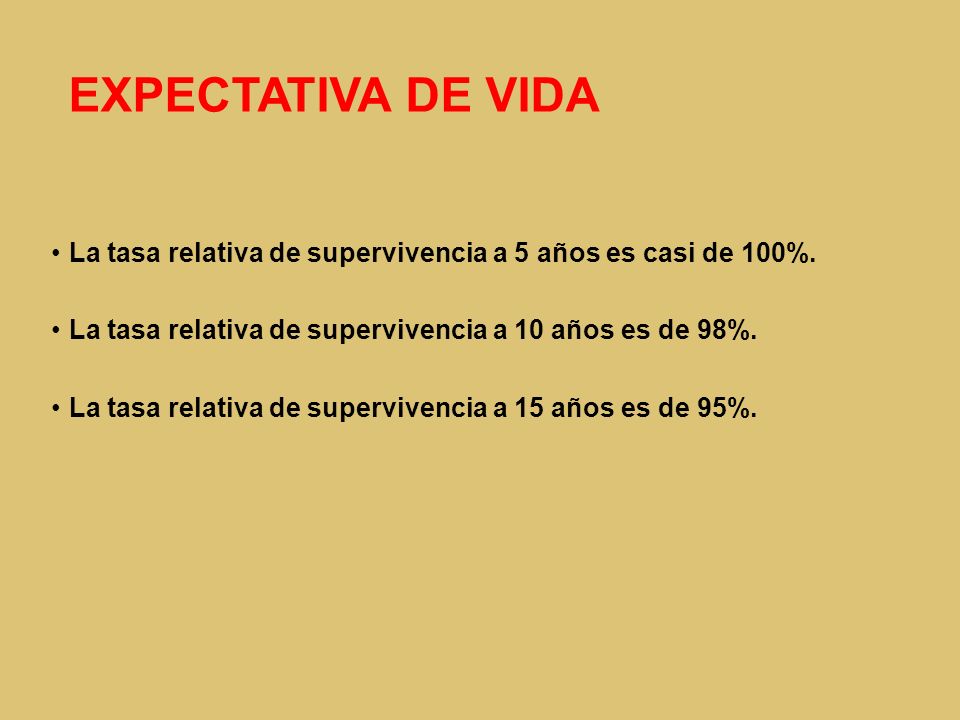 EXPECTATIVA DE VIDA La tasa relativa de supervivencia a 5 años es casi de 100%. La tasa relativa de supervivencia a 10 años es de 98%.