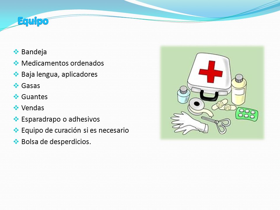 Equipo Bandeja Medicamentos ordenados Baja lengua, aplicadores Gasas