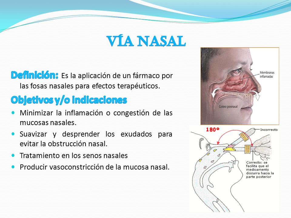 VÍA NASAL Definición: Es la aplicación de un fármaco por las fosas nasales para efectos terapéuticos.