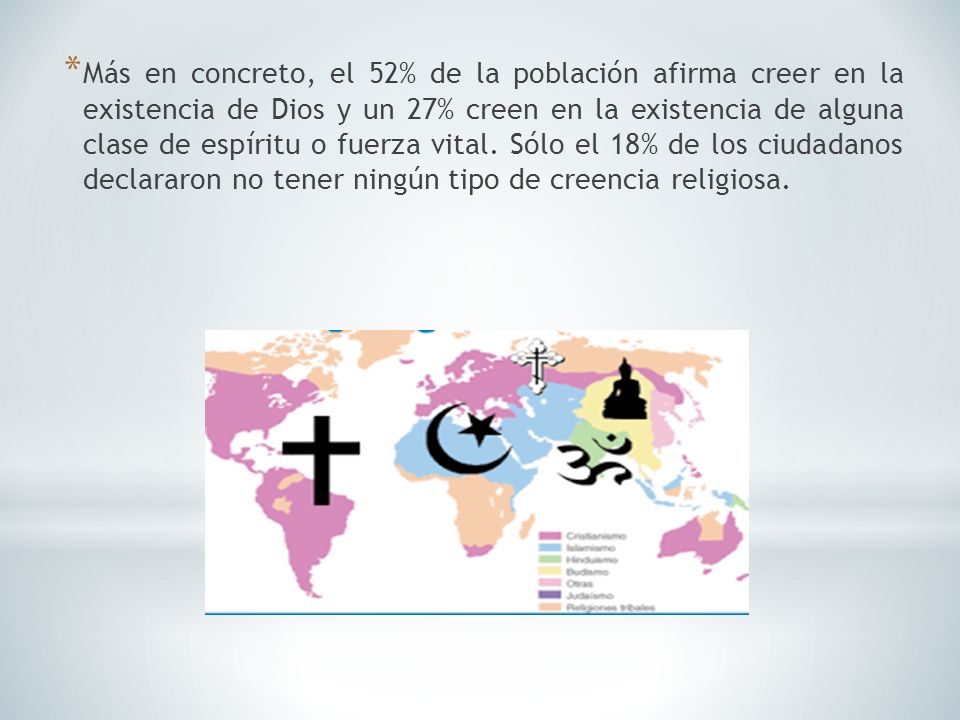 Más en concreto, el 52% de la población afirma creer en la existencia de Dios y un 27% creen en la existencia de alguna clase de espíritu o fuerza vital.