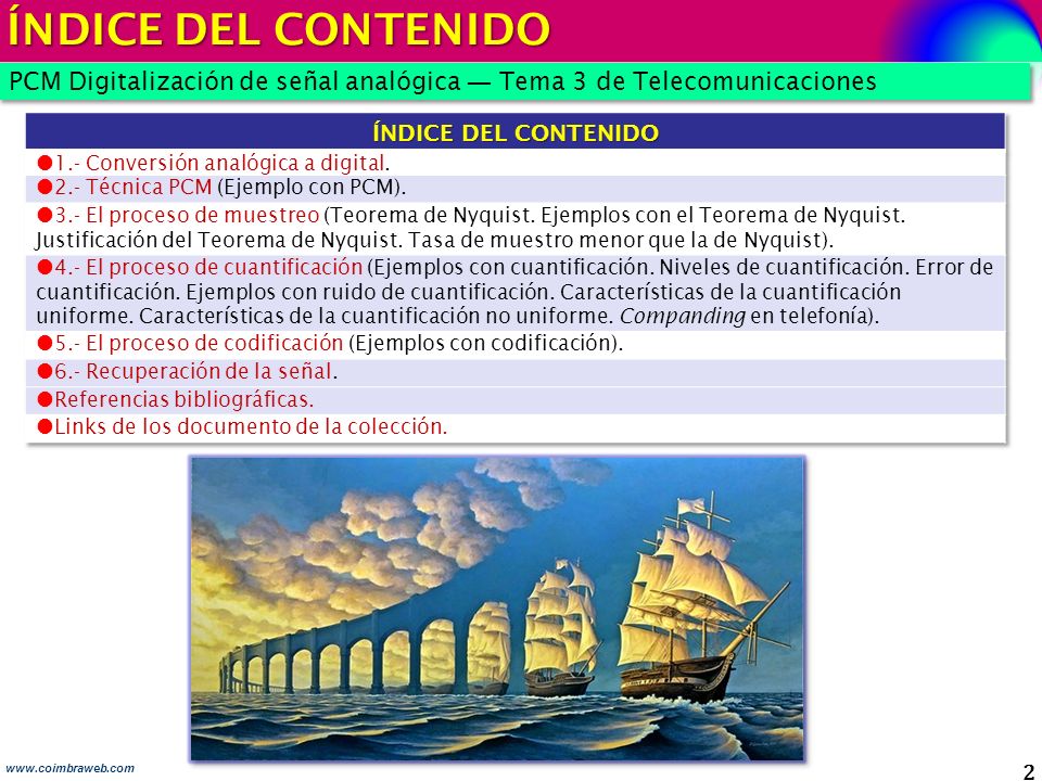 ÍNDICE DEL CONTENIDO PCM Digitalización de señal analógica ― Tema 3 de Telecomunicaciones. ÍNDICE DEL CONTENIDO.