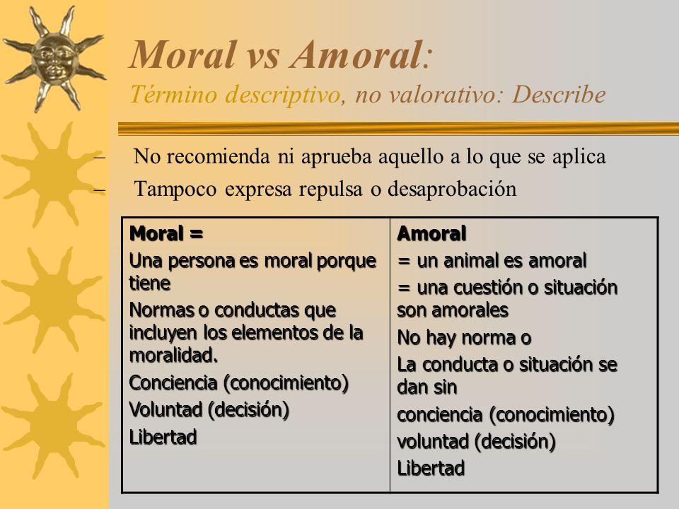 Moral vs Amoral: Término descriptivo, no valorativo: Describe
