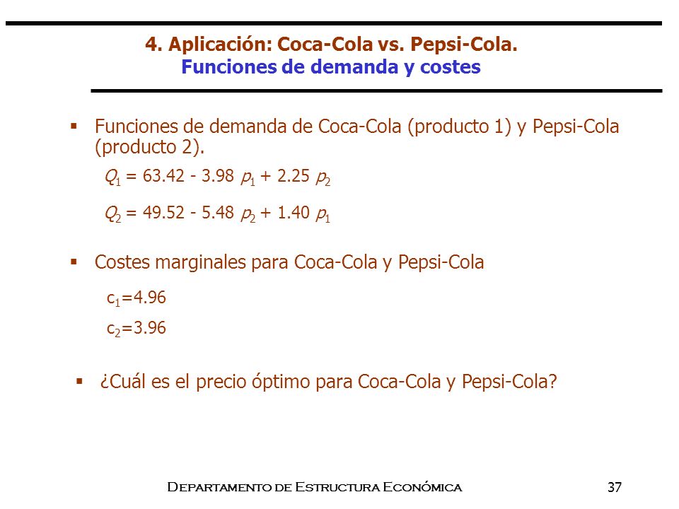 4. Aplicación: Coca-Cola vs. Pepsi-Cola. Funciones de demanda y costes