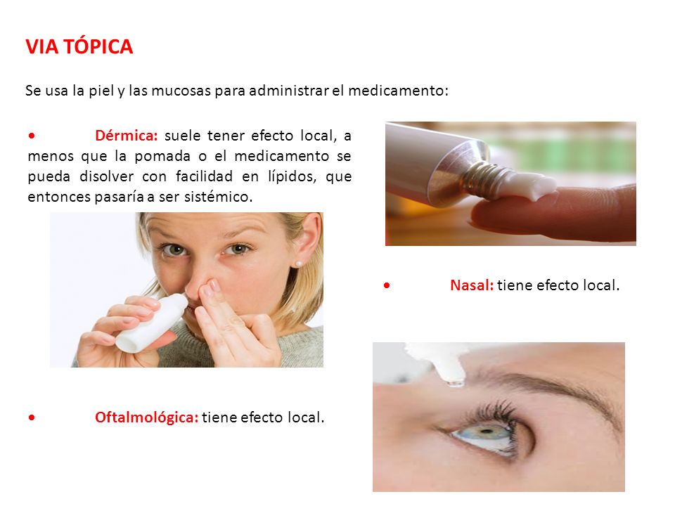 VIA TÓPICA Se usa la piel y las mucosas para administrar el medicamento: