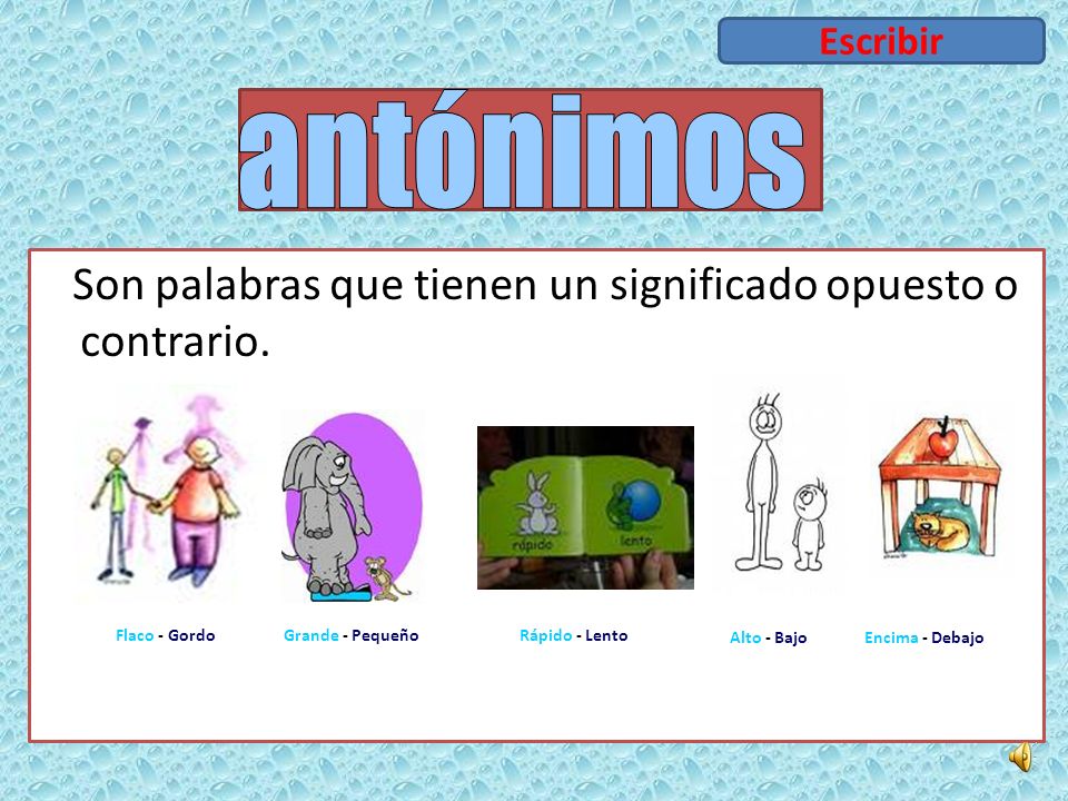 antónimos Son palabras que tienen un significado opuesto o contrario.