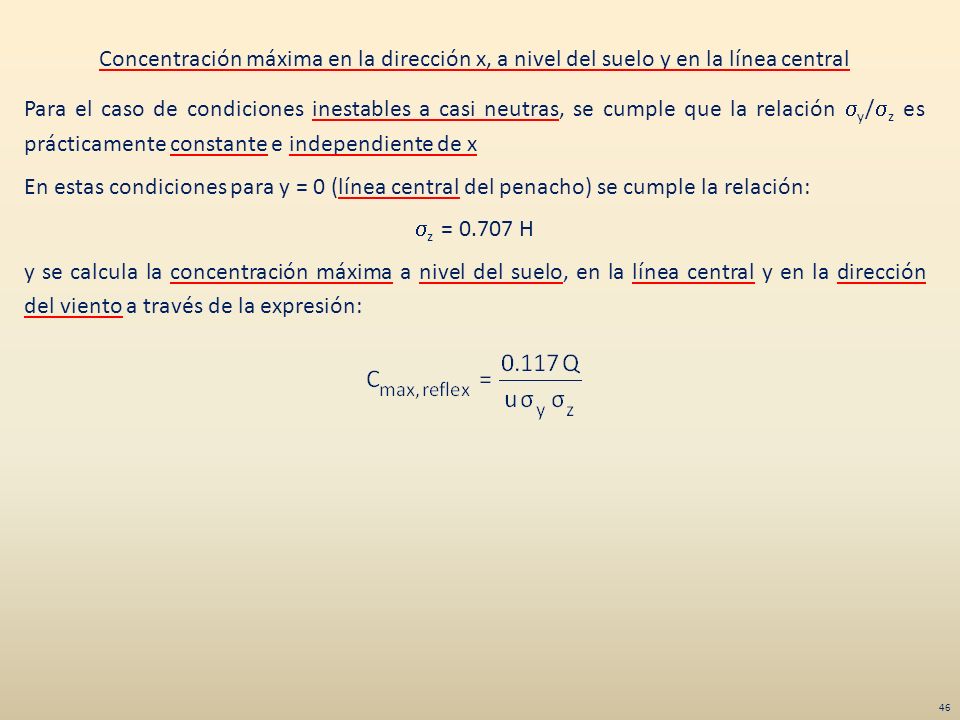 Concentración máxima en la dirección x, a nivel del suelo y en la línea central