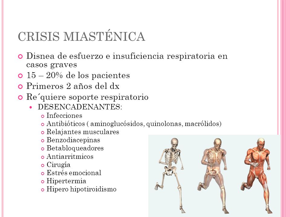 CRISIS MIASTÉNICA Disnea de esfuerzo e insuficiencia respiratoria en casos graves. 15 – 20% de los pacientes.