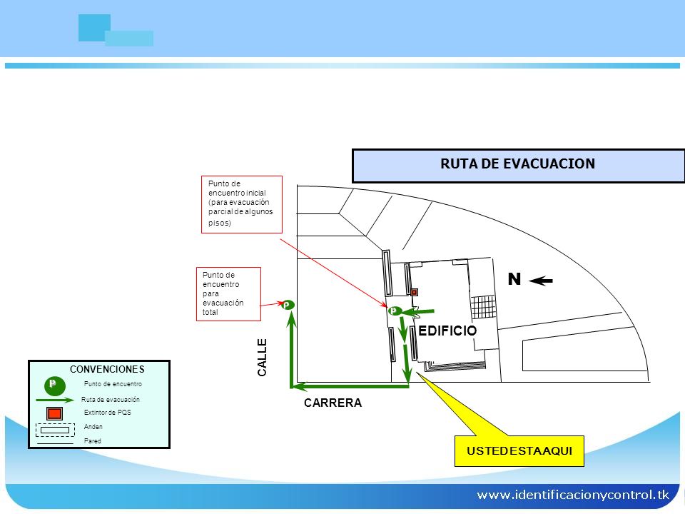 N RUTA DE EVACUACION EDIFICIO CALLE CARRERA USTED ESTA AQUI