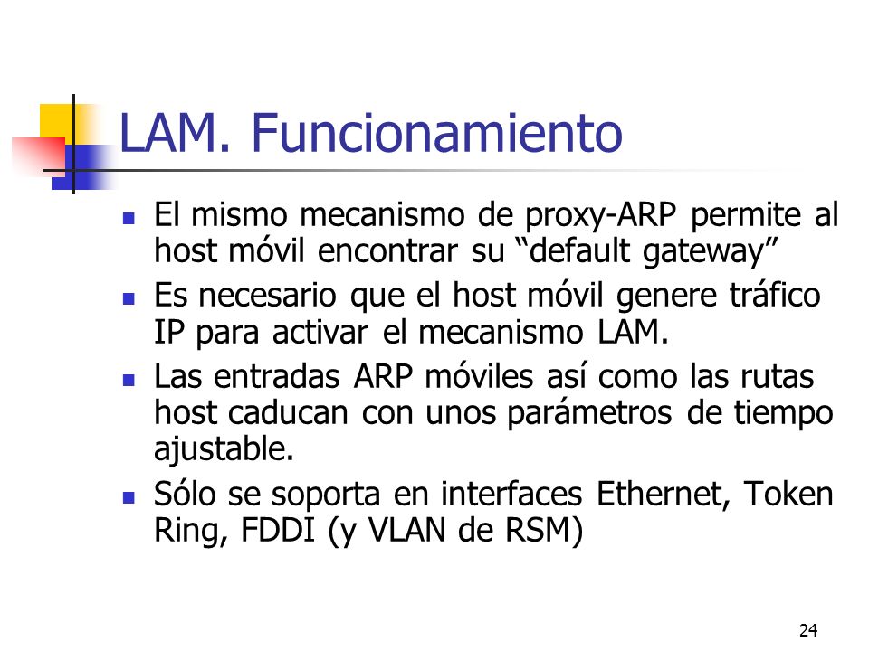 LAM. Funcionamiento El mismo mecanismo de proxy-ARP permite al host móvil encontrar su default gateway