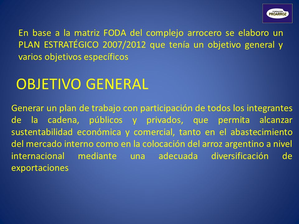 En base a la matriz FODA del complejo arrocero se elaboro un PLAN ESTRATÉGICO 2007/2012 que tenía un objetivo general y varios objetivos específicos