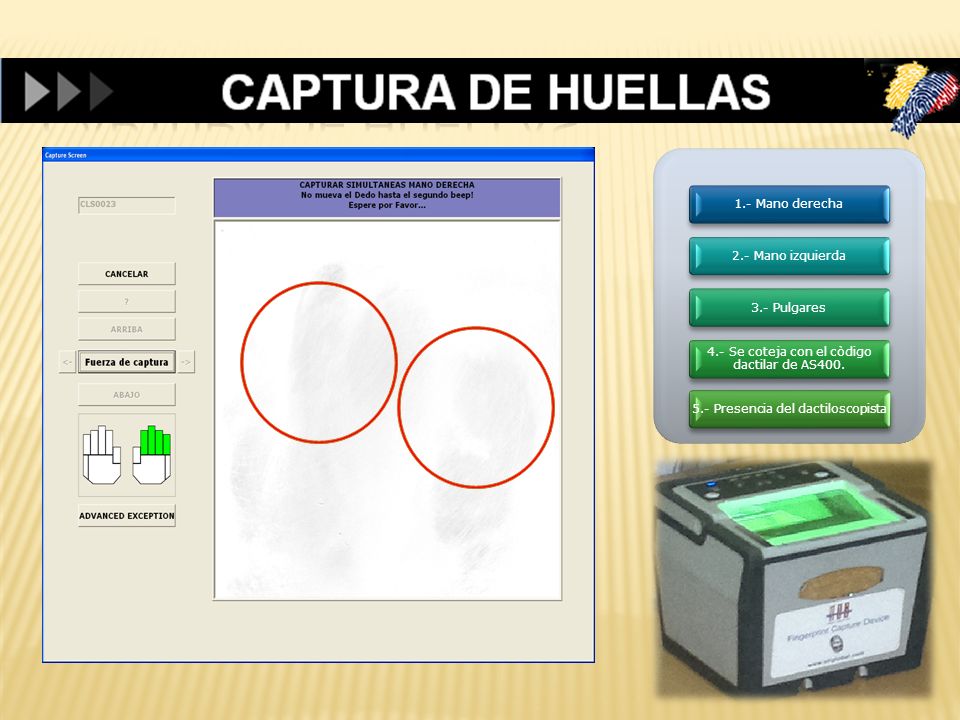 CAPTURA DE HUELLAS 1.- Mano derecha 2.- Mano izquierda 3.- Pulgares