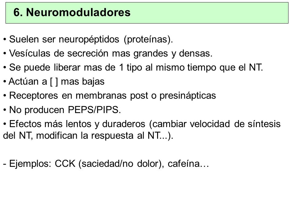 6. Neuromoduladores Suelen ser neuropéptidos (proteínas).