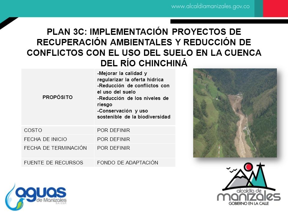 PLAN 3C: IMPLEMENTACIÓN PROYECTOS DE RECUPERACIÓN AMBIENTALES Y REDUCCIÓN DE CONFLICTOS CON EL USO DEL SUELO EN LA CUENCA DEL RÍO CHINCHINÁ