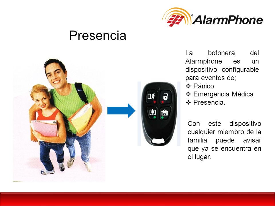 Presencia La botonera del Alarmphone es un dispositivo configurable para eventos de; Pánico. Emergencia Médica.