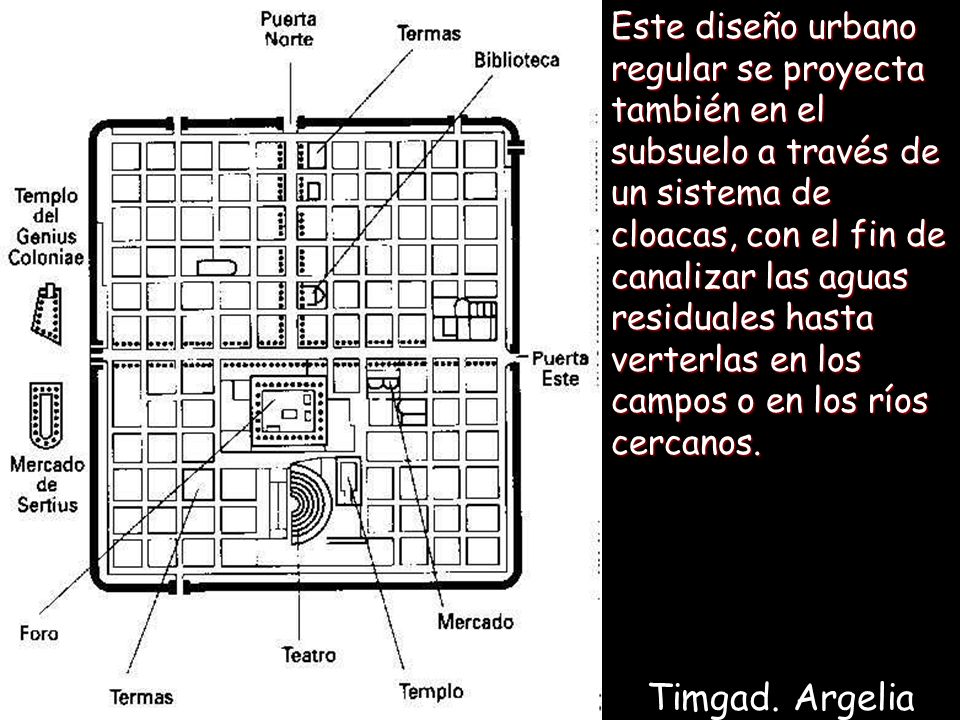 Este diseño urbano regular se proyecta también en el subsuelo a través de un sistema de cloacas, con el fin de canalizar las aguas residuales hasta verterlas en los campos o en los ríos cercanos.