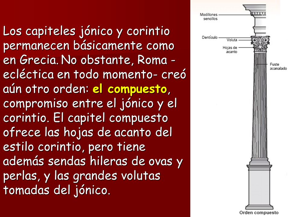 Los capiteles jónico y corintio permanecen básicamente como en Grecia