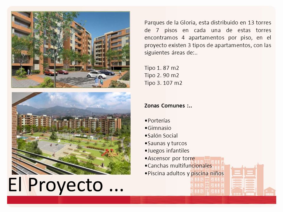 Parques de la Gloria, esta distribuido en 13 torres de 7 pisos en cada una de estas torres encontramos 4 apartamentos por piso, en el proyecto existen 3 tipos de apartamentos, con las siguientes áreas de:..