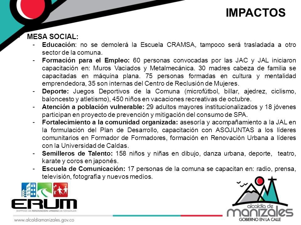 IMPACTOS MESA SOCIAL: Educación: no se demolerá la Escuela CRAMSA, tampoco será trasladada a otro sector de la comuna.