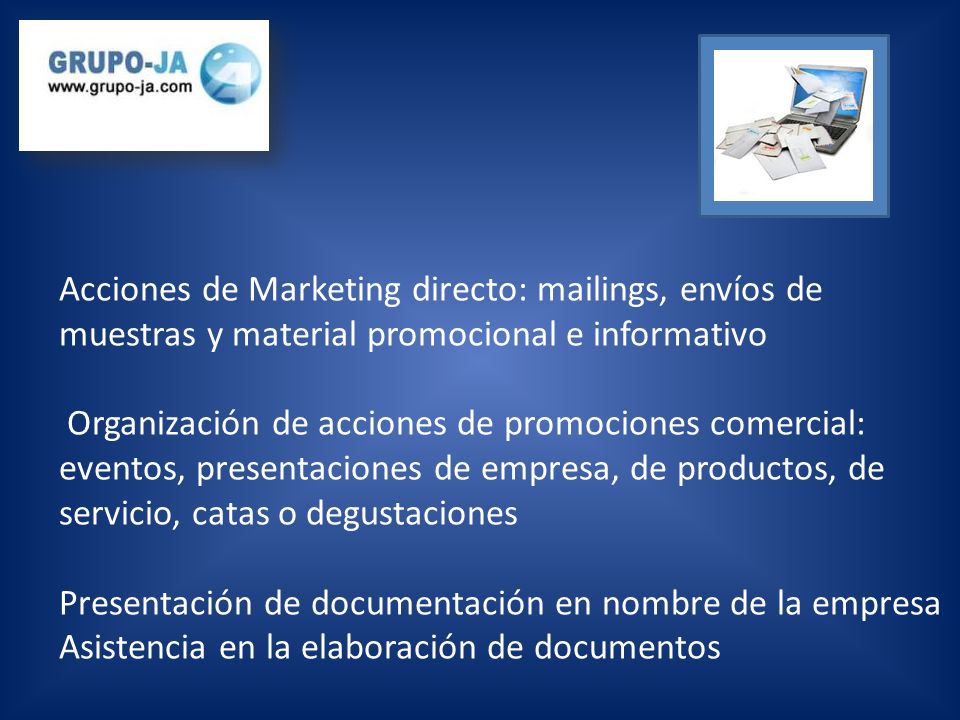 Acciones de Marketing directo: mailings, envíos de muestras y material promocional e informativo