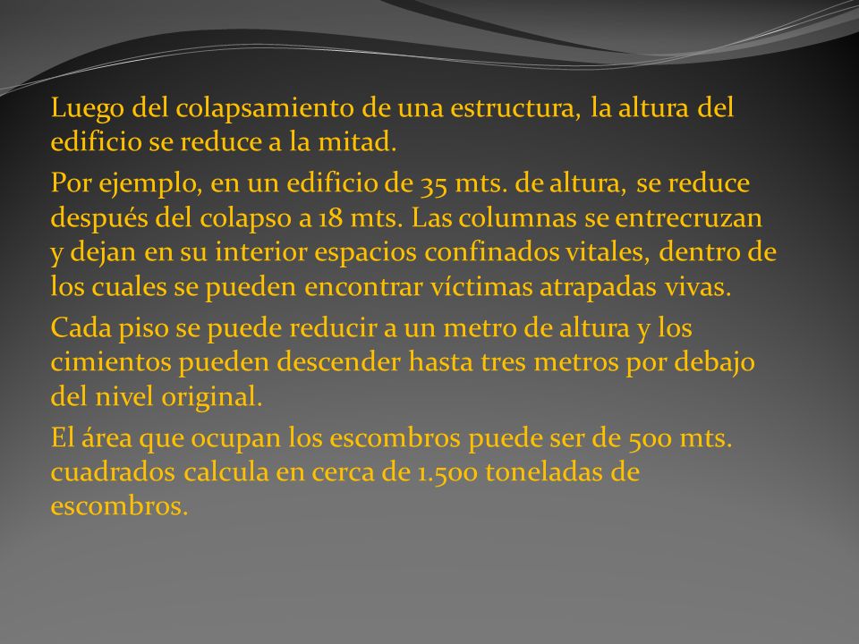 Luego del colapsamiento de una estructura, la altura del edificio se reduce a la mitad.