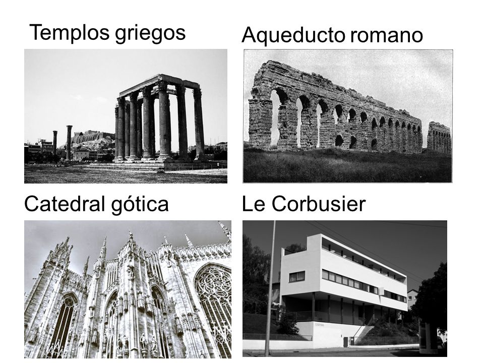 Templos griegos Aqueducto romano Catedral gótica Le Corbusier