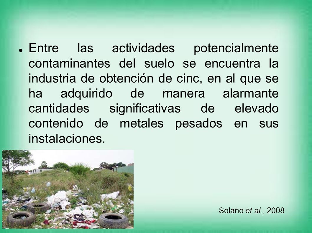 Entre las actividades potencialmente contaminantes del suelo se encuentra la industria de obtención de cinc, en al que se ha adquirido de manera alarmante cantidades significativas de elevado contenido de metales pesados en sus instalaciones.