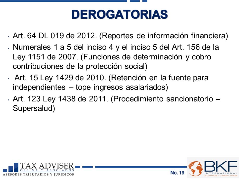 DEROGATORIAS Art. 64 DL 019 de (Reportes de información financiera)