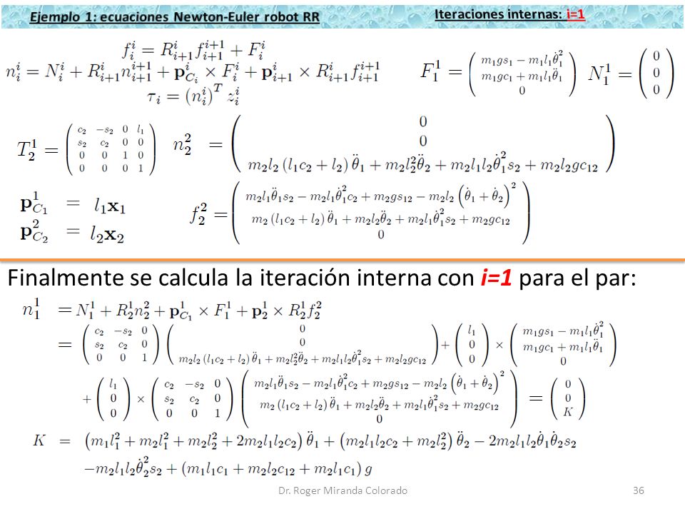 Ejemplo 1: ecuaciones Newton-Euler robot RR Iteraciones internas: i=1