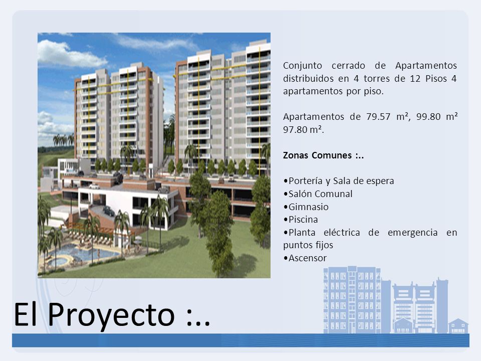 Conjunto cerrado de Apartamentos distribuidos en 4 torres de 12 Pisos 4 apartamentos por piso.