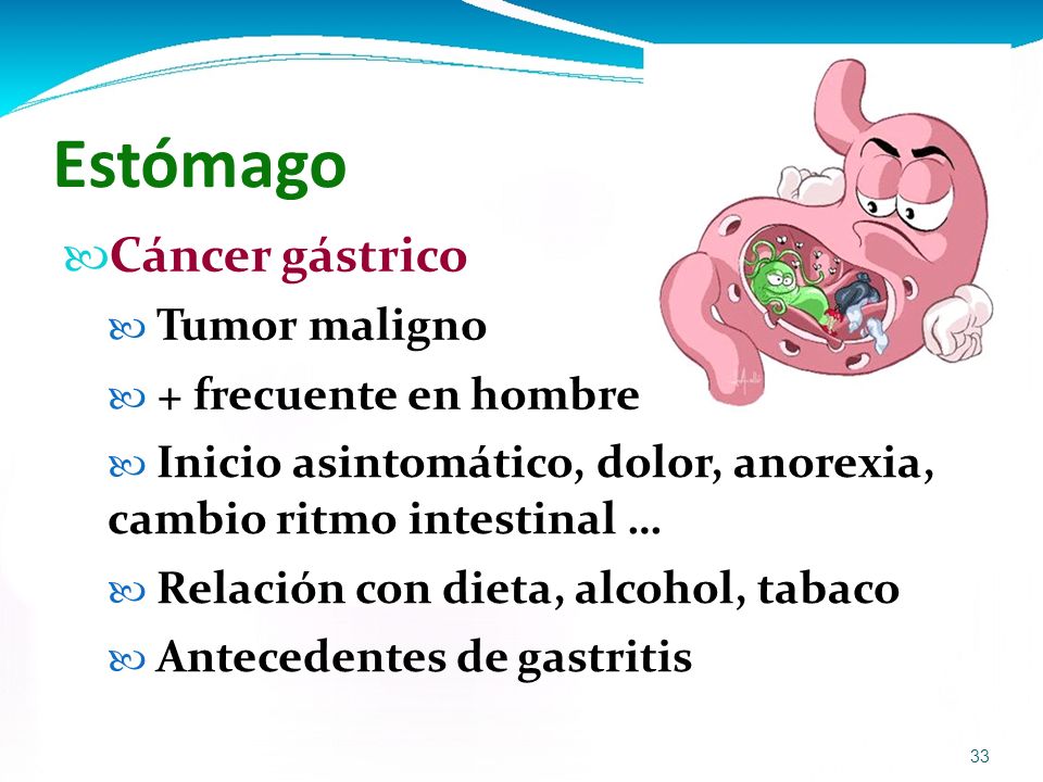 Estómago Cáncer gástrico  Tumor maligno  + frecuente en hombre