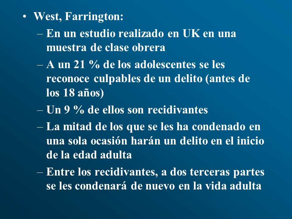 West, Farrington: En un estudio realizado en UK en una muestra de clase obrera.