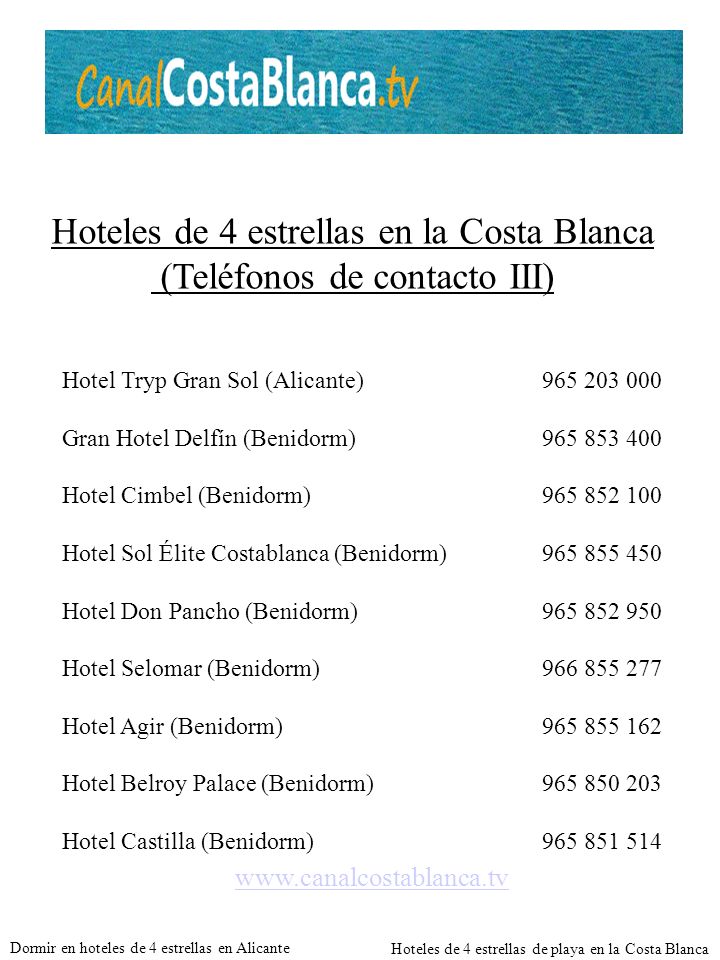 Hoteles de 4 estrellas en la Costa Blanca (Teléfonos de contacto III)