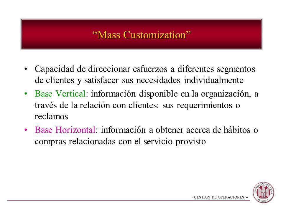 Mass Customization Capacidad de direccionar esfuerzos a diferentes segmentos de clientes y satisfacer sus necesidades individualmente.
