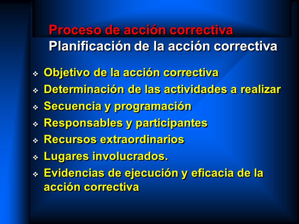 Proceso de acción correctiva Planificación de la acción correctiva