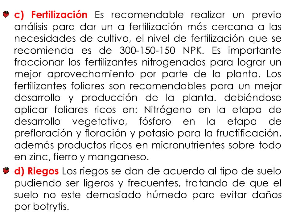 c) Fertilización Es recomendable realizar un previo análisis para dar un a fertilización más cercana a las necesidades de cultivo, el nivel de fertilización que se recomienda es de NPK. Es importante fraccionar los fertilizantes nitrogenados para lograr un mejor aprovechamiento por parte de la planta. Los fertilizantes foliares son recomendables para un mejor desarrollo y producción de la planta. debiéndose aplicar foliares ricos en: Nitrógeno en la etapa de desarrollo vegetativo, fósforo en la etapa de prefloración y floración y potasio para la fructificación, además productos ricos en micronutrientes sobre todo en zinc, fierro y manganeso.