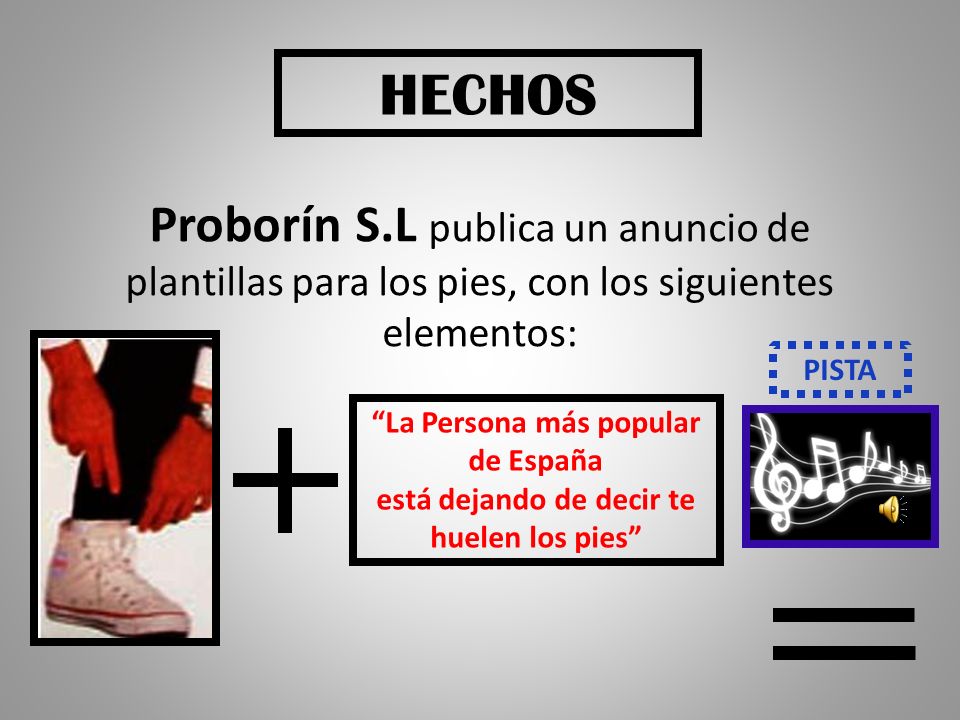 HECHOS Proborín S.L publica un anuncio de plantillas para los pies, con los siguientes elementos: PISTA.