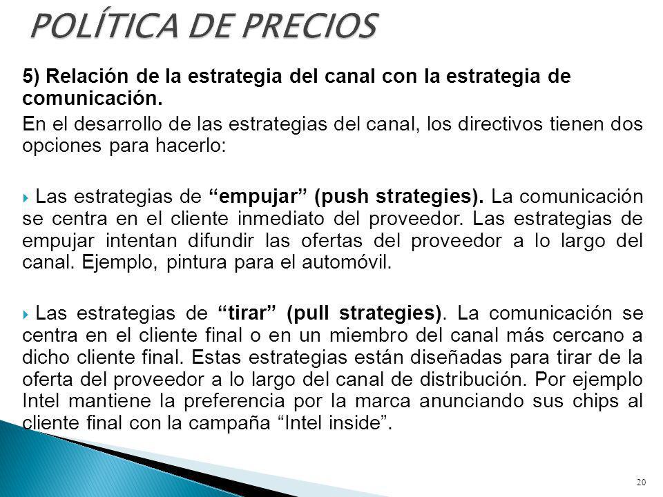 POLÍTICA DE PRECIOS 5) Relación de la estrategia del canal con la estrategia de comunicación.