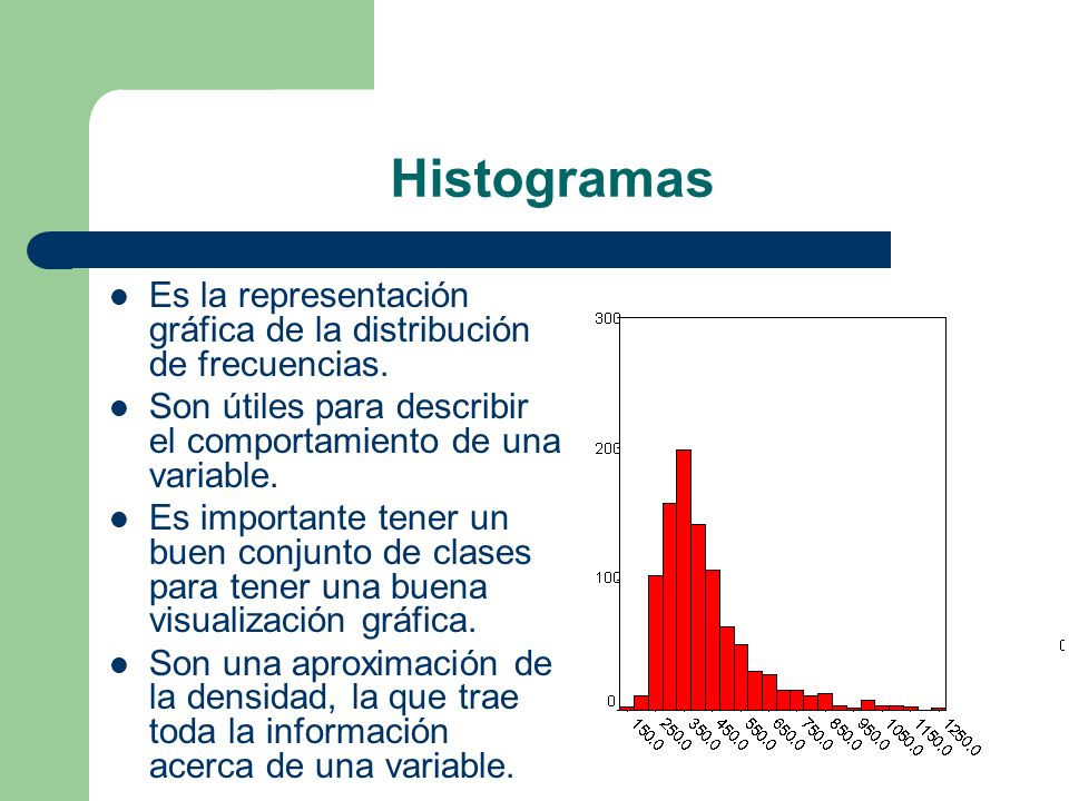 Histogramas Es la representación gráfica de la distribución de frecuencias. Son útiles para describir el comportamiento de una variable.