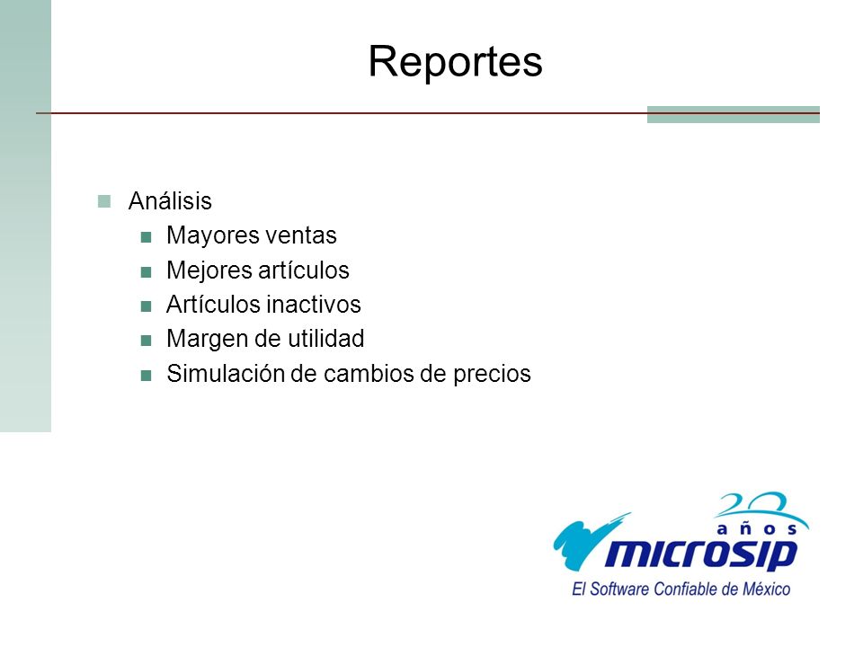 Reportes Análisis Mayores ventas Mejores artículos Artículos inactivos