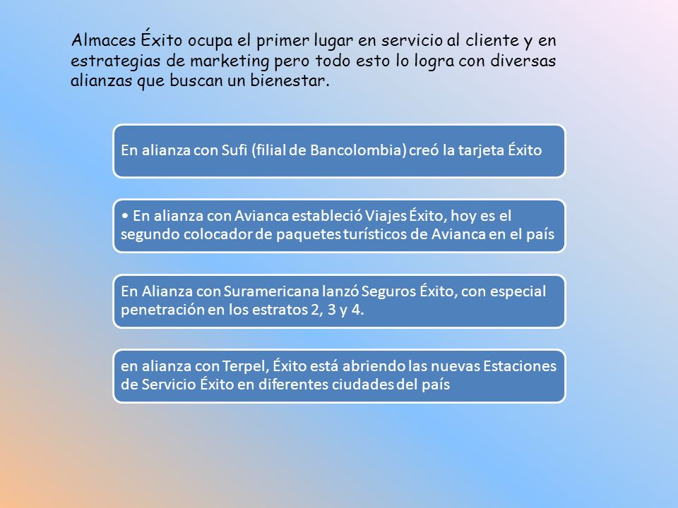 Almaces Éxito ocupa el primer lugar en servicio al cliente y en estrategias de marketing pero todo esto lo logra con diversas alianzas que buscan un bienestar.