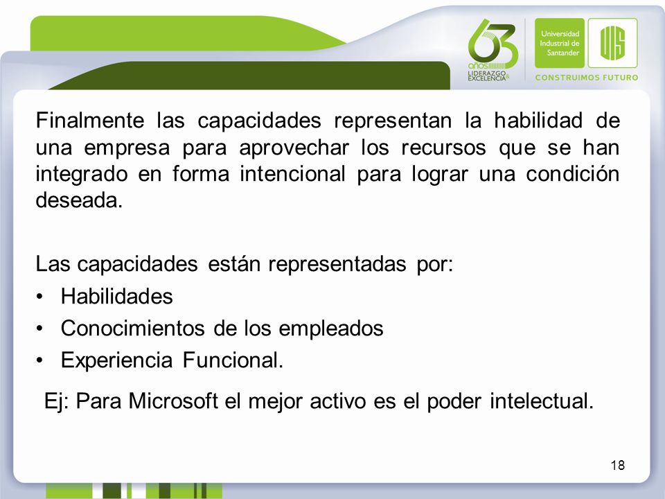 Ej: Para Microsoft el mejor activo es el poder intelectual.
