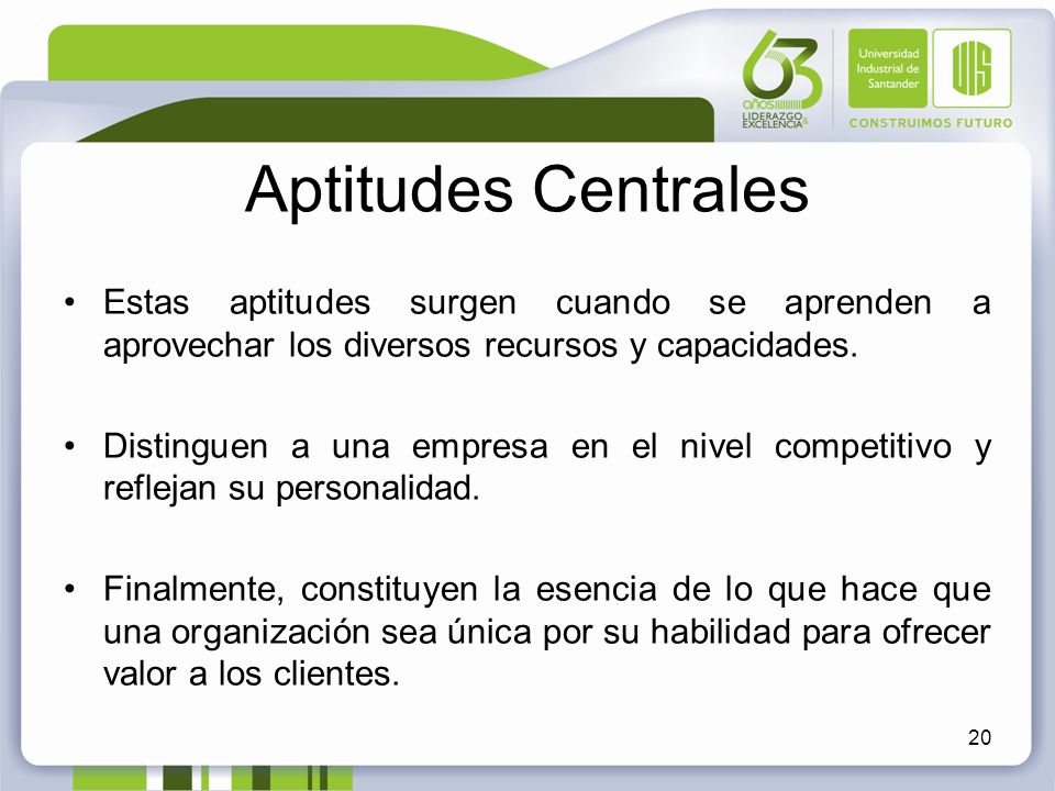 Aptitudes Centrales Estas aptitudes surgen cuando se aprenden a aprovechar los diversos recursos y capacidades.