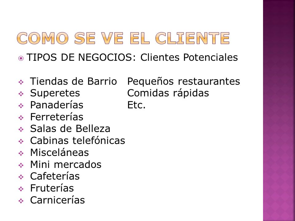 Como se ve el cliente TIPOS DE NEGOCIOS: Clientes Potenciales