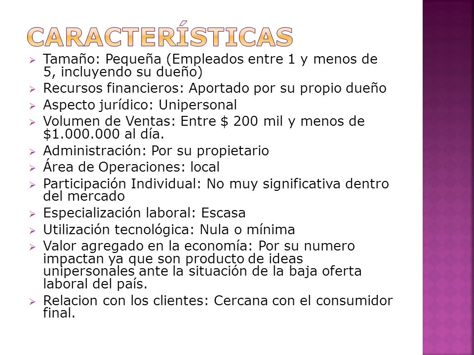 características Tamaño: Pequeña (Empleados entre 1 y menos de 5, incluyendo su dueño) Recursos financieros: Aportado por su propio dueño.