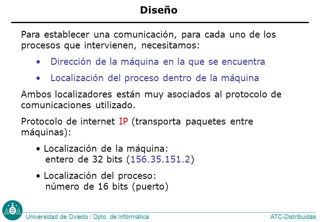 Diseño Para establecer una comunicación, para cada uno de los procesos que intervienen, necesitamos: