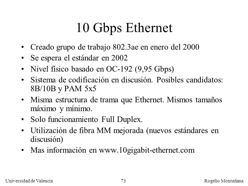 10 Gbps Ethernet Creado grupo de trabajo 802.3ae en enero del 2000