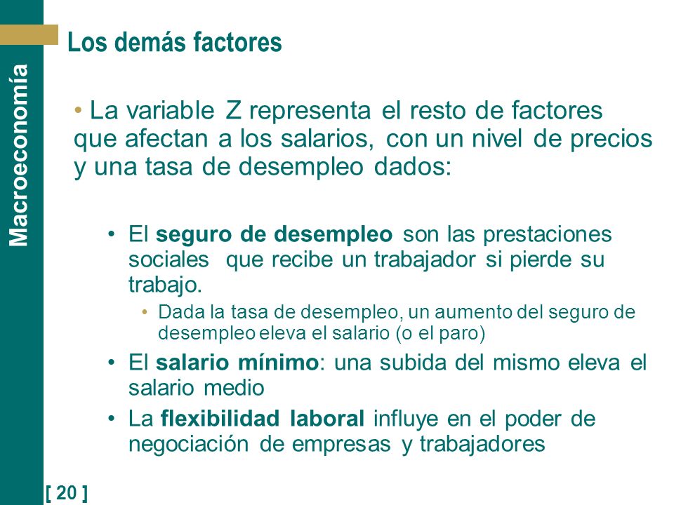 Los demás factores La variable Z representa el resto de factores que afectan a los salarios, con un nivel de precios y una tasa de desempleo dados: