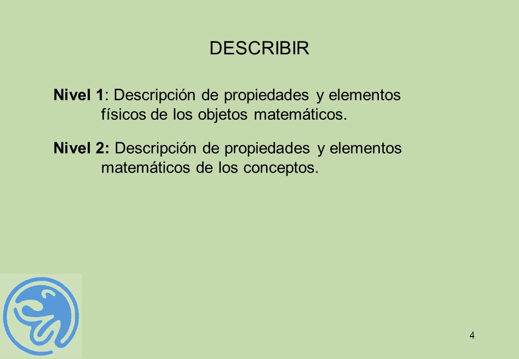 DESCRIBIR Nivel 1: Descripción de propiedades y elementos físicos de los objetos matemáticos.