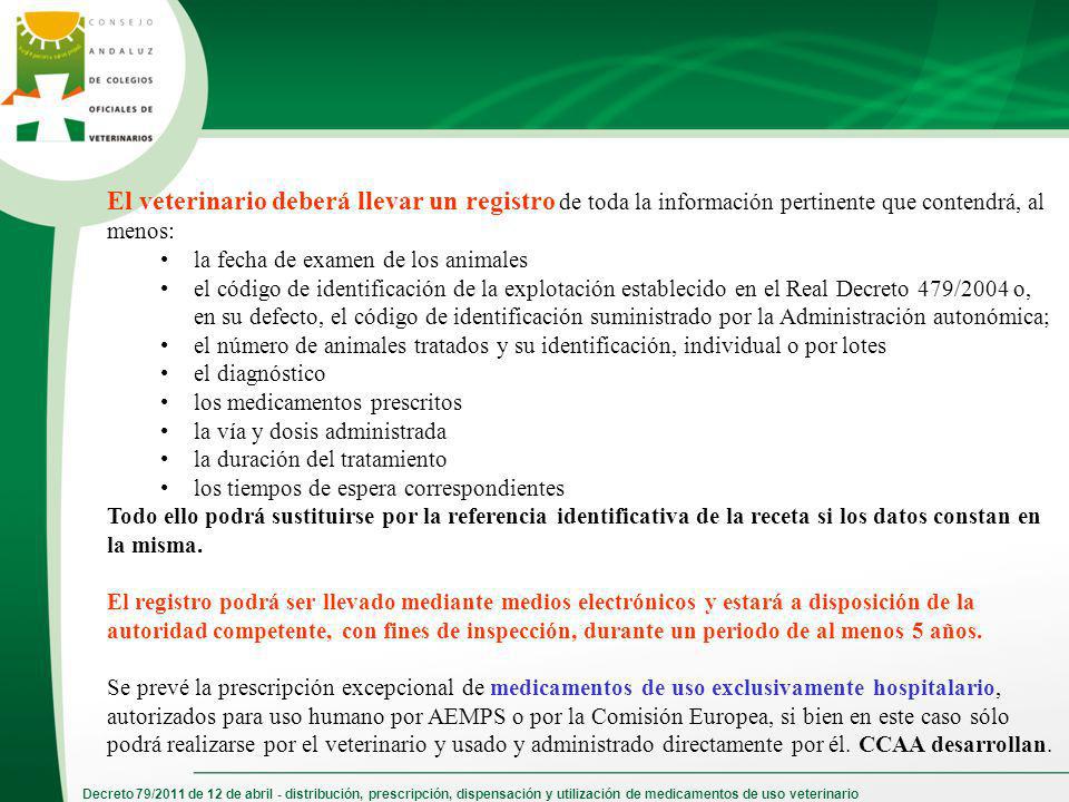El veterinario deberá llevar un registro de toda la información pertinente que contendrá, al menos: